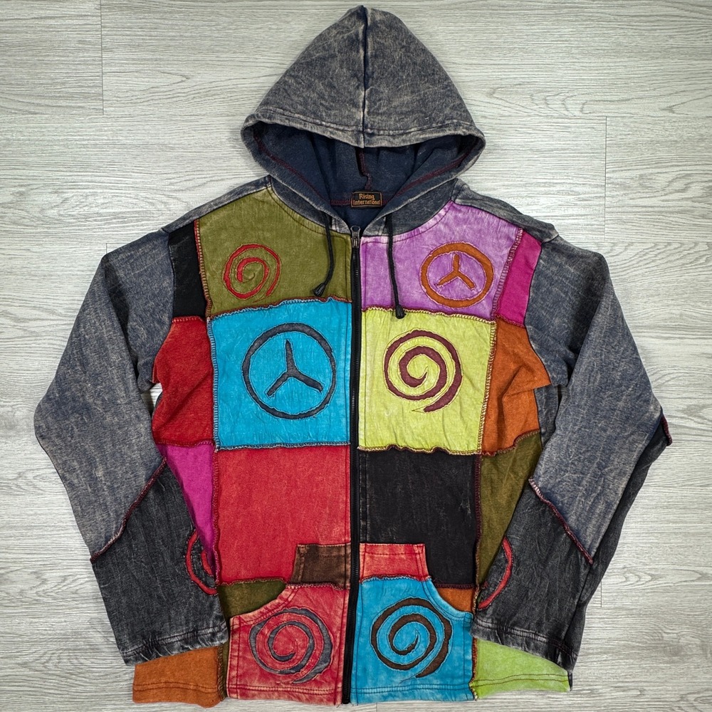 Rising International Womens Hoodie Patchwork Peace Large Gray Boho Hippie Y2K